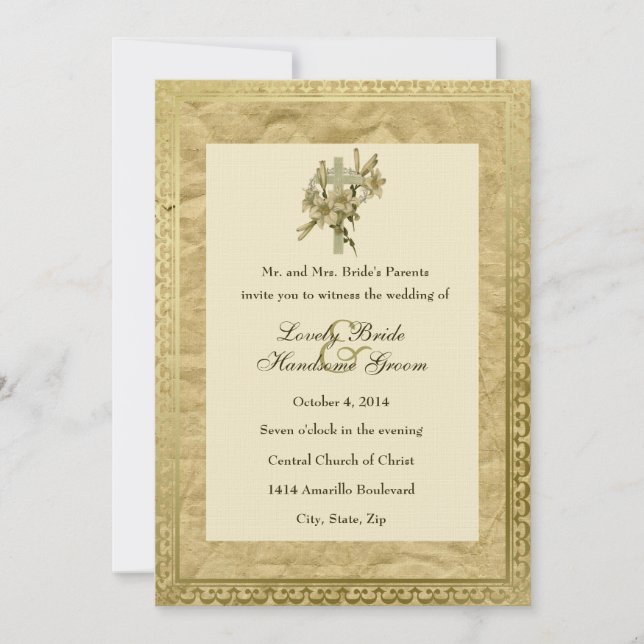 Vintage Christian Cross Lily Convite para Casament (Frente)