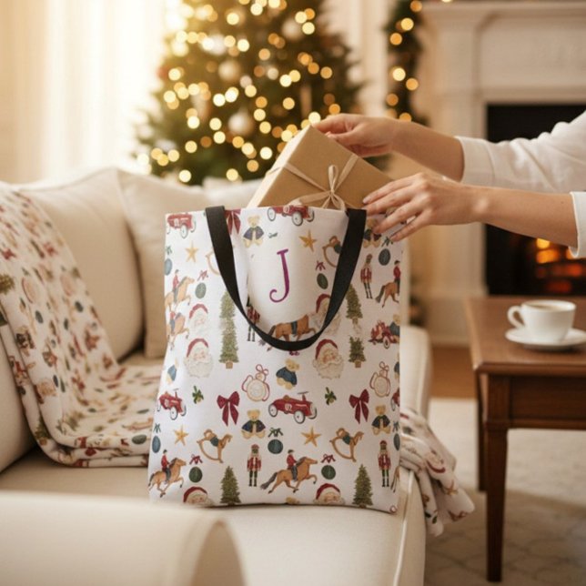 Vintage Christmas Toys Pattern Red Green Tote (Criador carregado)