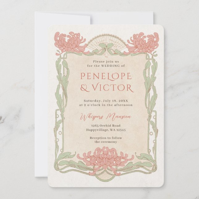 Vintage Chrysanthemum Frame Weditation Convite (Frente)