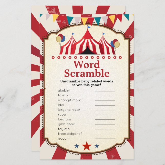 Vintage Circus Carnival Word Scramble Games (Frente/Verso)