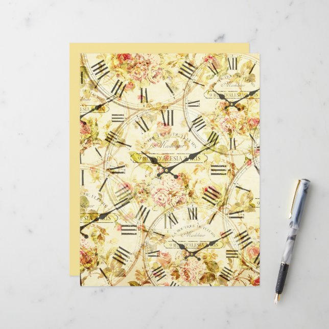 Vintage Clocks Collage Scrapbook Paper (Frente/Verso In Situ)
