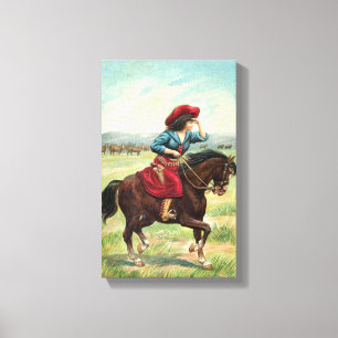 Vintage Cowgirl - Impressão de tela de 9"x14,5"