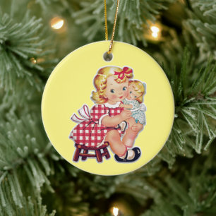 Vintage Crianças em Ornamento Cerâmico de Natal