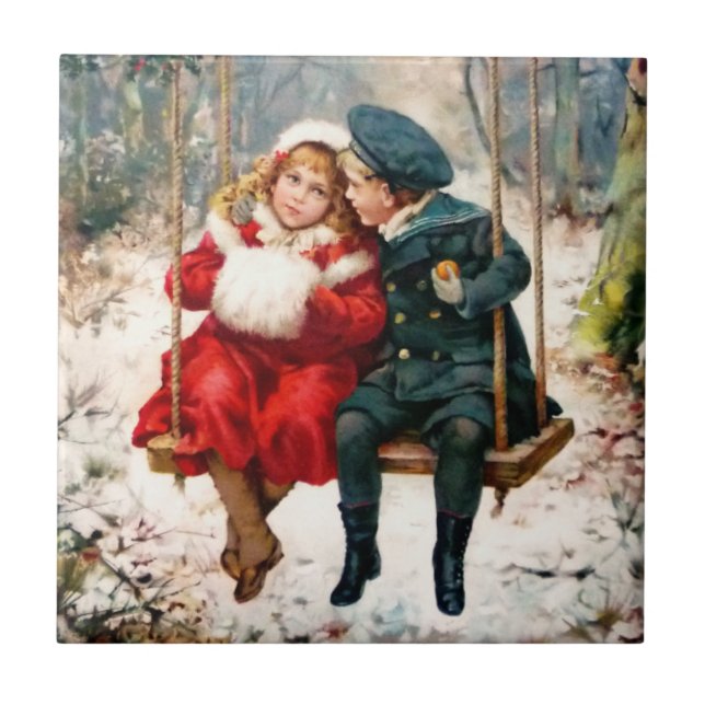 Vintage Crianças Vitorianas no Azulejo Swing Cerâm (Frente)