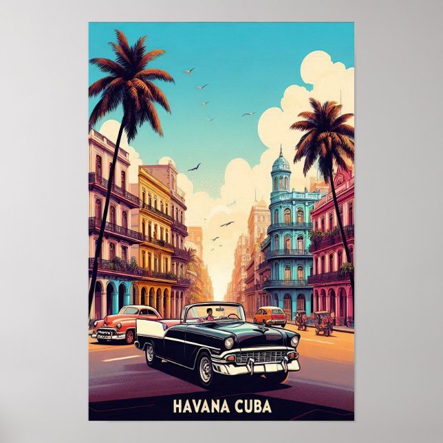 Vintage Cuba Poster de viagens com carros clássico (Frente)