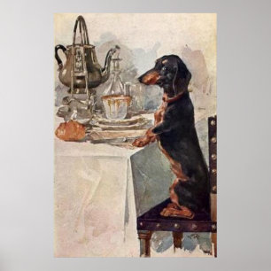 Vintage Cute Dachshund Bebendo Tea Poster