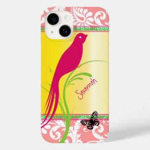 Vintage Damask Pink Swallow Bird Butterfly