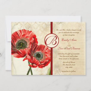 Vintage Damask Poppy Red Convite de casamento