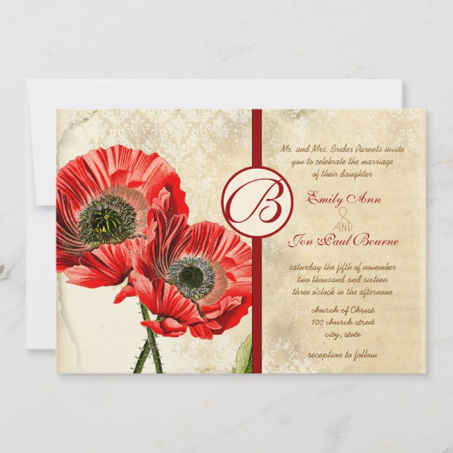 Vintage Damask Poppy Red Convite de casamento (Frente)