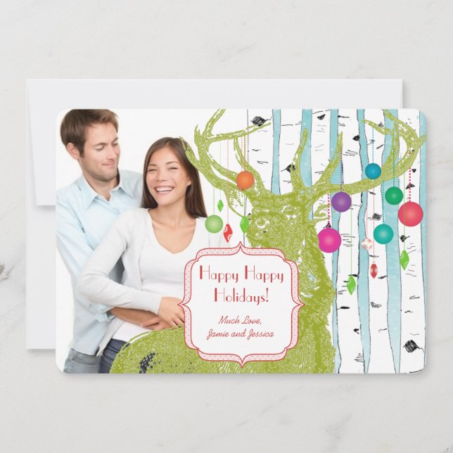 Vintage Deer Birch Tree Cartão de Natal (Frente)