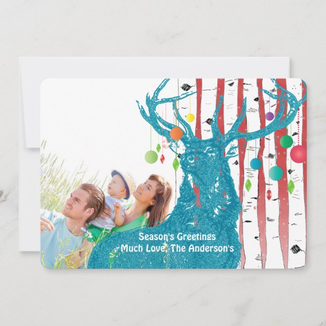 Vintage Deer Birch Tree Cartão de Natal (Frente)