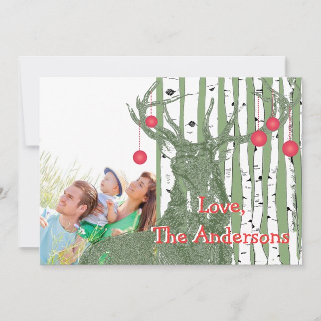 Vintage Deer Birch Tree Cartão de Natal (Frente)