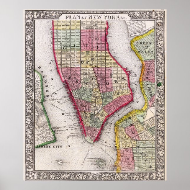 Vintage Detailed New York Map Poster 1865 (Frente)