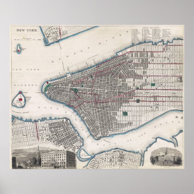 Vintage Detailed New York Map Poster 1870 (Frente)