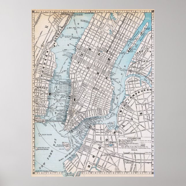Vintage Detailed New York Map Poster 1889 (Frente)