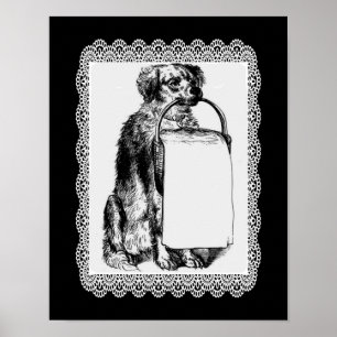 Vintage Dog Basket Pencil Art Poster
