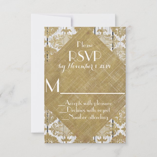 Vintage Dourada Damask e White Wood Weding RSVP (Frente)