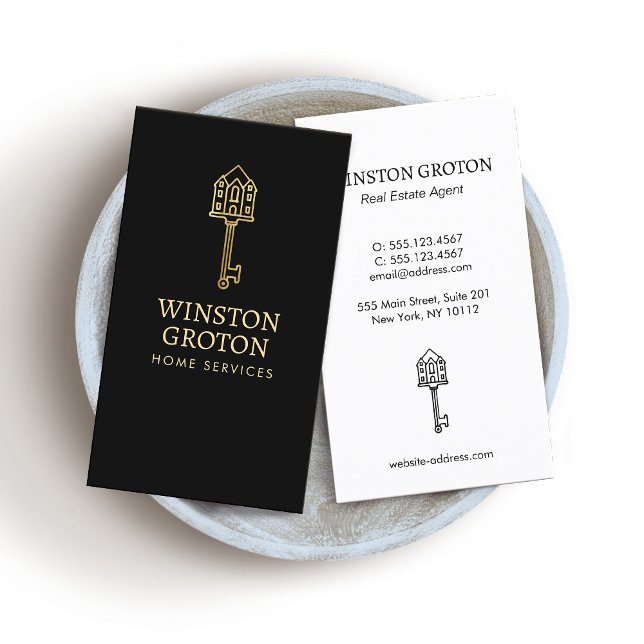 Vintage Dourado House Key Black Cartão de visita (Criador carregado)