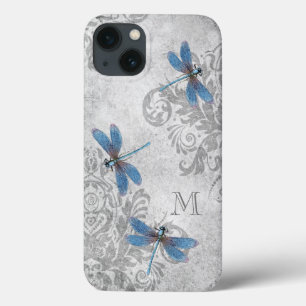 Vintage Dragonflies Grunge Damask com Monograma
