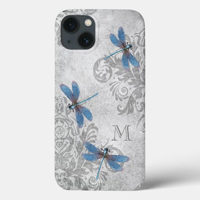 Vintage Dragonflies Grunge Damask com Monograma (Verso)