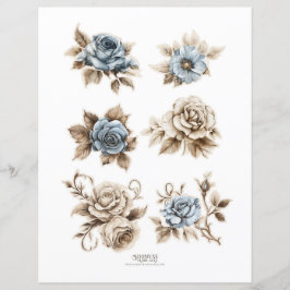 Vintage Dusty Blue Floral Ephemera Fussy Cortes