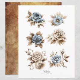 Vintage Dusty Blue Floral Ephemera Fussy Cortes