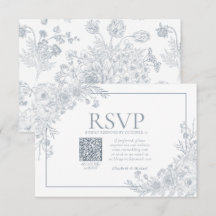Vintage Dusty Blue Floral Line Art QR Code RSVP