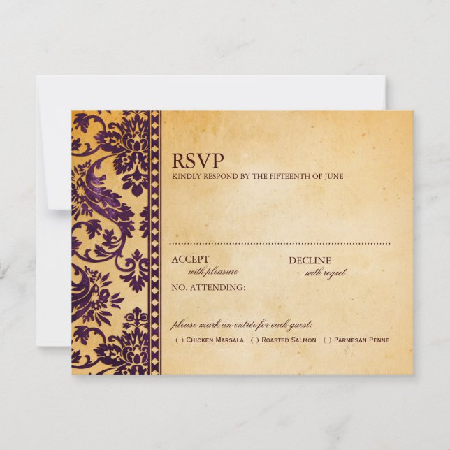 Vintage EggPlant Damask Lace Wedding RSVP (Frente)