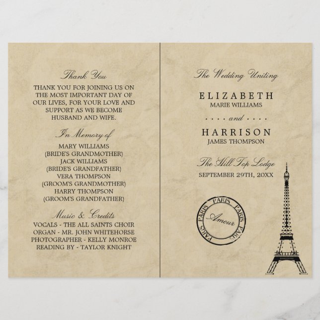 Vintage Eiffel Tower Paris Weding Program (Frente)