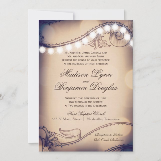 Vintage Elegance Rustic Luzes Convites De Casament (Frente)