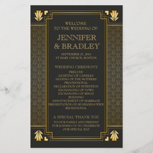Vintage Elegant Art Deco Dourado Weding Program (Frente)