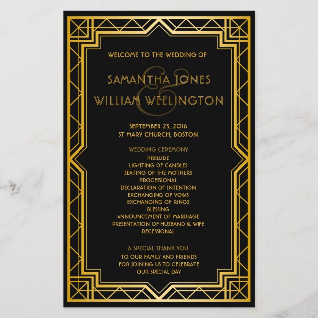 Vintage Elegant Art Deco Dourado Weding Program (Frente)