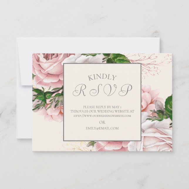 Vintage Elegant Pink Floral Cream Weding RSVP (Frente)