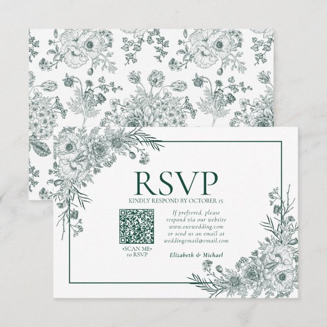 Vintage Emerald Floral Line Art QR Code RSVP (Frente/Verso)