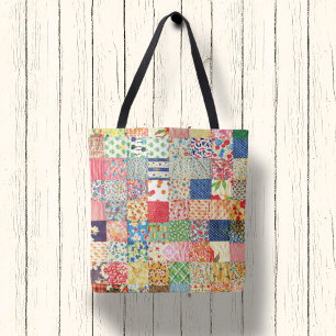 Vintage Faux Patchwork Quilt Monogramt Tote Bag