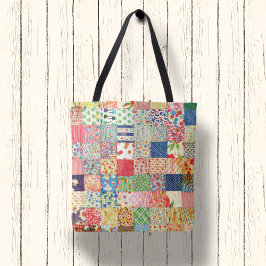 Vintage Faux Patchwork Quilt Monogramt Tote Bag