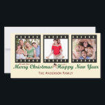 Vintage Felry Christmas Snowman Cartão com fotos<br><div class="desc">Este design apresenta 3 imagens de fotos inspiradas em vintage para que você carregue suas próprias fotos da família. O texto único diz: "Desejamos-lhe um Feliz Natal e um Feliz ano novo". Há um texto personalizável para você personalizar este cartão de Natal de tendência. Um boneco de neve vintage completa...</div>