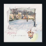 Vintage Felry Christmas Winter Landscape<br><div class="desc">Design de colheita nostálgica do início do século 20 com elegante saudação de Feliz Natal,  lanterna brilhante e paisagem russa de inverno de neve enquadrada por pergaminho rasgado.</div>