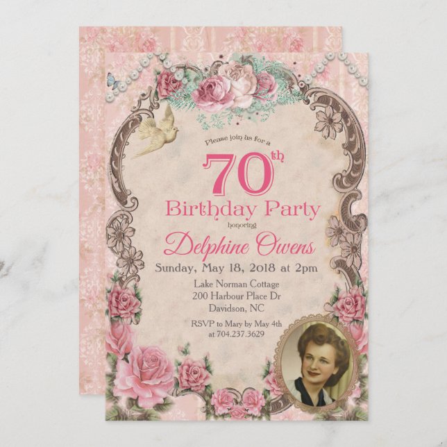 Vintage Floral 70 Birthday Convite (Frente/Verso)