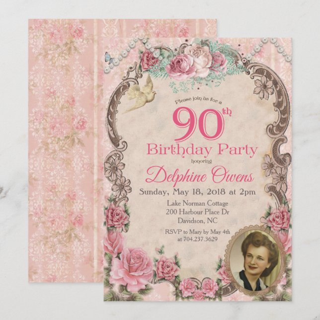 Vintage Floral 90 Birthday Convite (Frente/Verso)