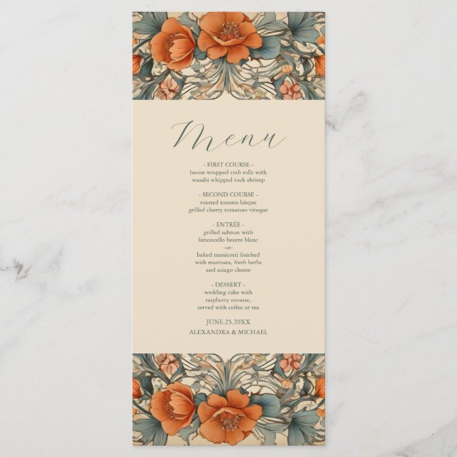 Vintage Floral Art Nouveau Menu Casamento (Frente)