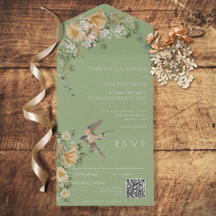 Vintage Floral & Bird Sage Green Código QR