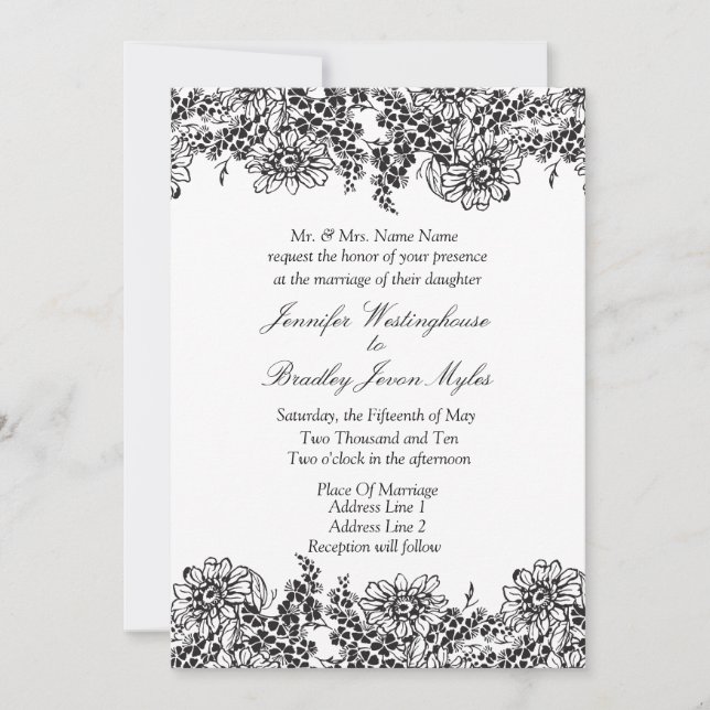 Vintage Floral Black E White Wedings Convites (Frente)