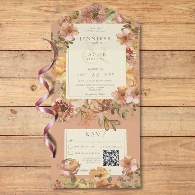 Vintage Floral Blush Pink & Rust Código QR (Vintage Floral Blush Pink & Rust QR Code All In One Invitation)
