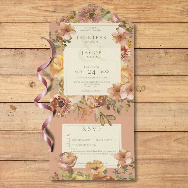Vintage Floral Blush Pink & Rust Detalhes Casament (Vintage Floral Blush Pink & Rust Details Wedding All In One Invitation)