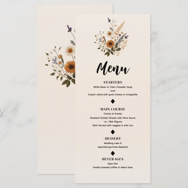 Vintage Floral Bohemian Menu Casamento (Frente/Verso)