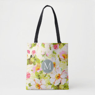 Vintage Floral Rosas Peonies Monograma Tote Bag