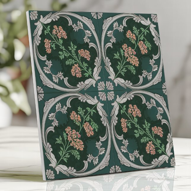 Vintage Floral Scroll Azulejo Teal Cinza Verde (Criador carregado)