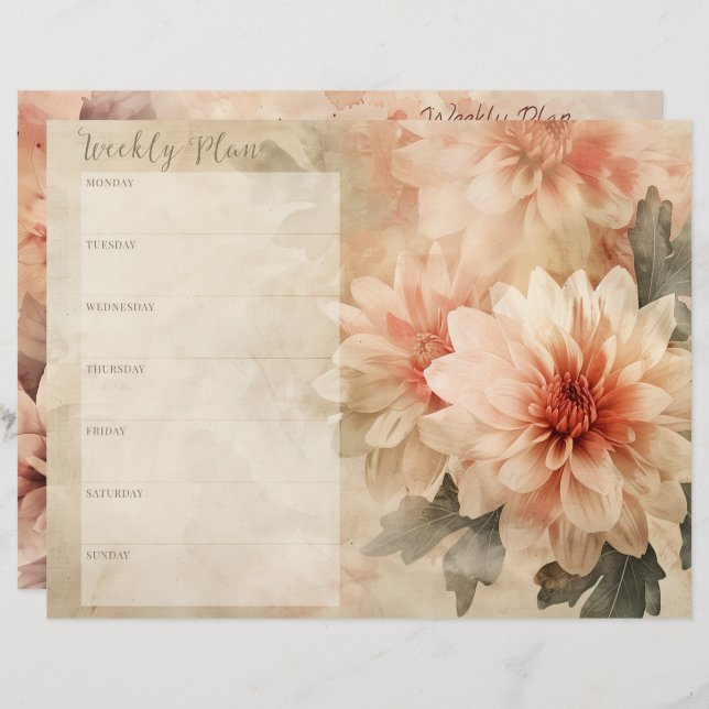 Vintage Floral Weekly Planner Scrapbook Paper (Frente/Verso)