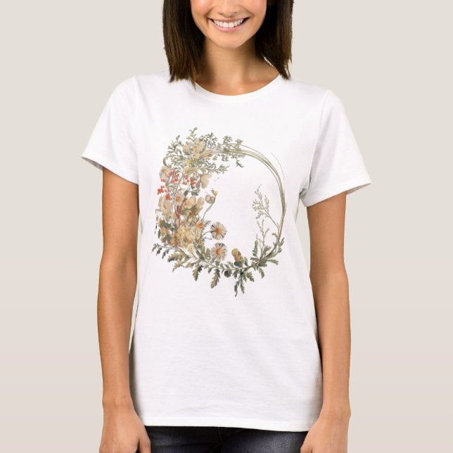 "Vintage Floral Wreath T-Shirt - Botânica Elegante (Frente)